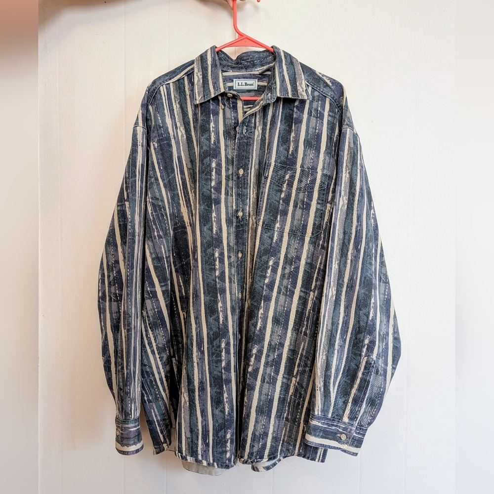 Vintage L.L. Bean Camo-Stripe Denim Button Down With Name Inscription